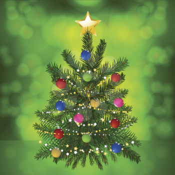Decorated Christmas tree on a glowing green background