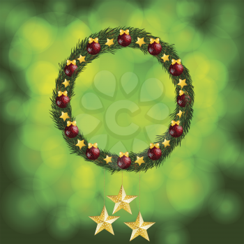 Christmas wreath with red and gold decorations and hanging stars on a glowing green background