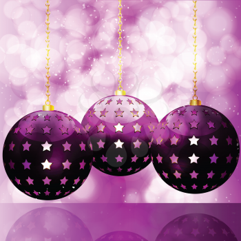 Purple christmas buables on a glowing background reflected on a glossy surface