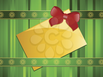 Gold Christmas gift tag with a red ribbon on on a green stripe background with green and gold ribbons