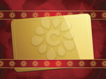 Gold gift card with red ribbons on a red background with glowing stars
