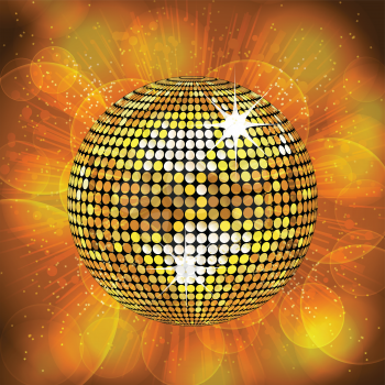 sparkling gold disco ball on a glowing star burst background