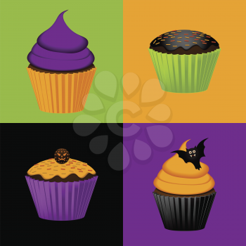 Vibrant halloween cupcakes and brighly coloured square backgrounds