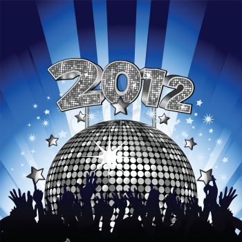new year party with crowd dancing in front of silver disco ball with gold 2012 sign
