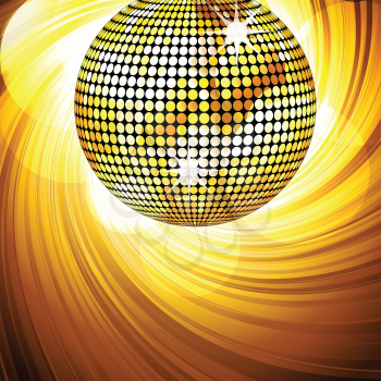 sparkling gold disco ball on a swirling background with glowing circles