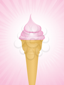 Ice cream cornet with strawberry ice cream on a pink background