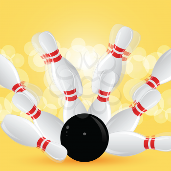 Bowling strike with blurred pins on an orange background