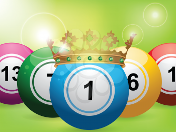 bingo balls with one wearing crown on a glowing green background