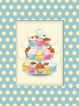 cupcake stand on a vintage polka dot background with cut out window