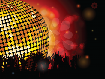 Glowing disco ball and crowd background with glowing lights