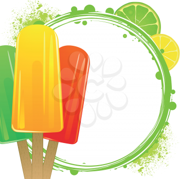 ice lollies on a green border with fruit slices