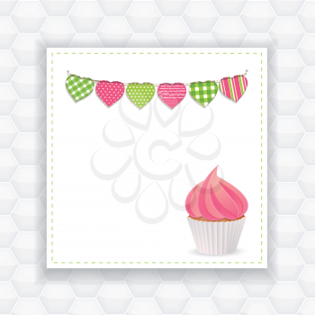 cupcake with pink icing on a panel background with bunting