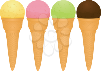 Ice Cream Cones Set with Vanilla, Strawberry, Pistachio and Chocolate Ice Cream