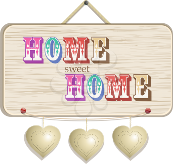 Wooden home sign with hanging hearts