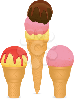 Ice Cream Set with Strawberry, Chocolate and Vanilla Ice Creams in Cones