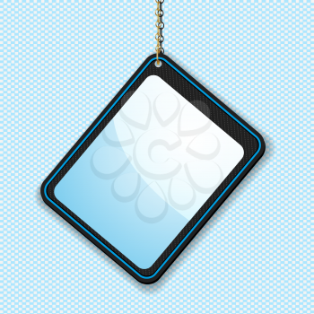Glossy Sign or Tag hanging from a Gold Chain on a blue Patterned Background
