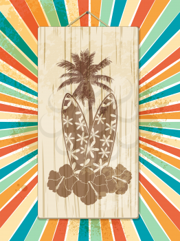 Tropical Palm Trees and Surfboard Wooden Sign on a Star Burst Background