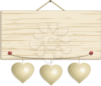 White wood sign with ornamental hanging hearts