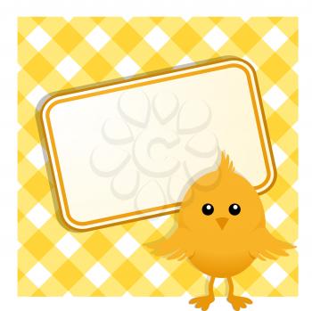 Easter Chick standing in front of Sign on a Yellow Gingham Background