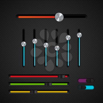 Set of Sliders, Equalizers and Switches on a black texture background
