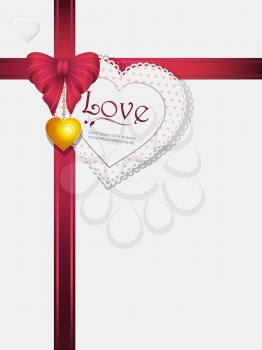 Valentine Background with Heart Shaped Card and Message under Pink Ribbons, Bow and Pendant