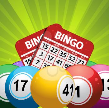 Bingo balls and red cards on a green starburst background
