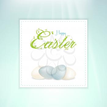 Easter Border with White and Blue Speckled Eggs and Easter Message on a Blue Background