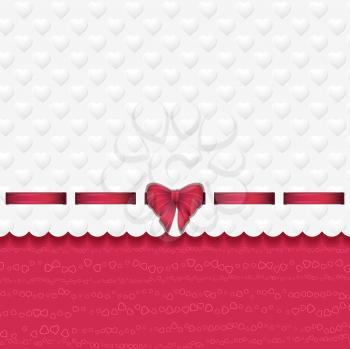 Valentine background with embossed hearts and ribbon on a pink background