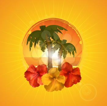 Tropical Border with Hibiscus Flowers and Palm Trees on an Orange starburst Background