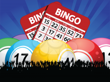 Bingo Balls and Cards on Blue Background with Crowd