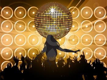Golden Disco Ball with Dancing Silhouettes and Speakers Background