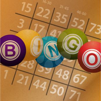 Bingo Balls and Numbers from a Bingo Card on Brown paper Background