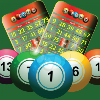 Bingo Balls and Bingo Cards on a Green Background