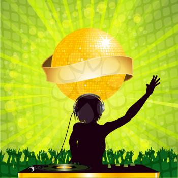 DJ Female with Records Deck Crowd and Disco Ball with Banner
