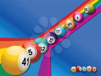Bingo Balls Rolling Over a Curved Rainbow on Blue Background