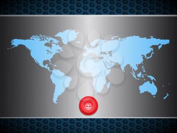 World Map Over Brushed Metallic Plate with Red Button and Skull