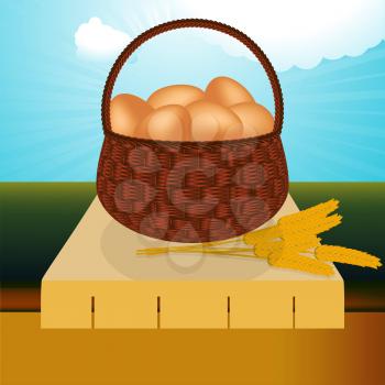 Wicker Basket with Eggs and Corn on a Table