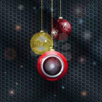 Christmas Baubles with Loudspeaker and Disco Ball Over Glowing Honeycomb Background