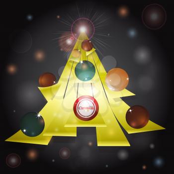 Abstract Yellow Christmas Tree with Baubles and Text Over Dark Gray Background