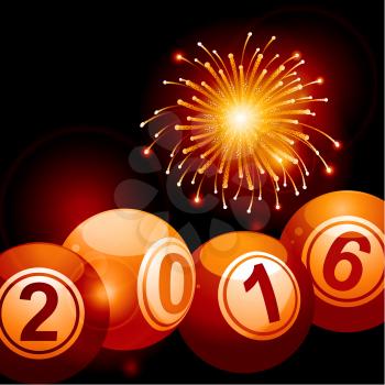 Bingo Lottery Balls 2016 Over Festive Glowing Background with Fireworks