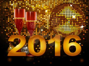 2016 New Year Celebration Background with Champagne Glasses and Disco Ball