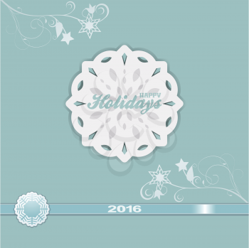 Happy Holiday 2016 Over Paper Snowflake and Floral Motive on Vintage Blue Background