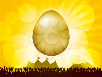 Golden 3D Easter Egg Over Glowing Yellow Background with Crowd and Tends