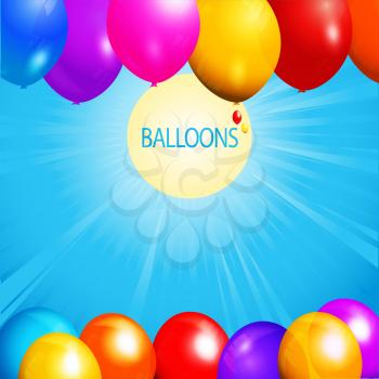 Colorful Balloons Over Blue Sky with Sun Sunrays and Text Background