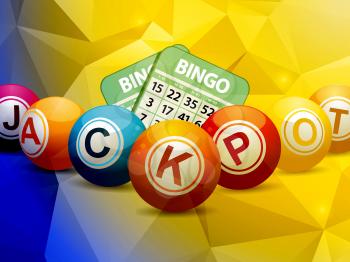 Bingo Balls and Cards Over Geometric Blue and Yellow Background