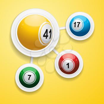 Four Bingo Balls with White 3D Circular Frame Over Yellow Background