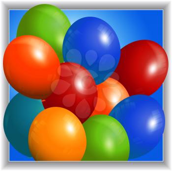 Colorful 3D Balloons Over Blue Panel with White Frame