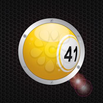 Yellow 3D Bingo Ball on Metallic Frame with Screws over Black Honeycomb Metallic Background