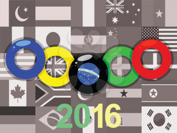 Colorful Olympics Rings Over World Flags Sepia Background with 2016