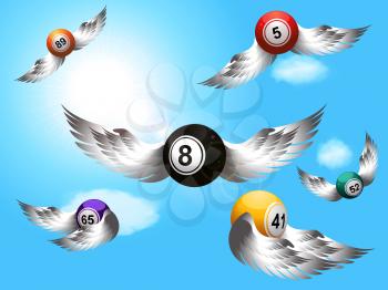 Flying Bingo Lottery Balls with Silver Wings Over Sunny Blue Sky Background with Clouds